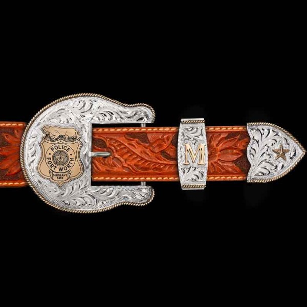"Our Lake Worth Three-Piece Custom Buckle is the definition of pride. Crafted on a German Silver base with a jeweler's bronze traditional rope edge, lettering on the keeper, and a figure on the tip, this buckle offers plenty of space on the main port